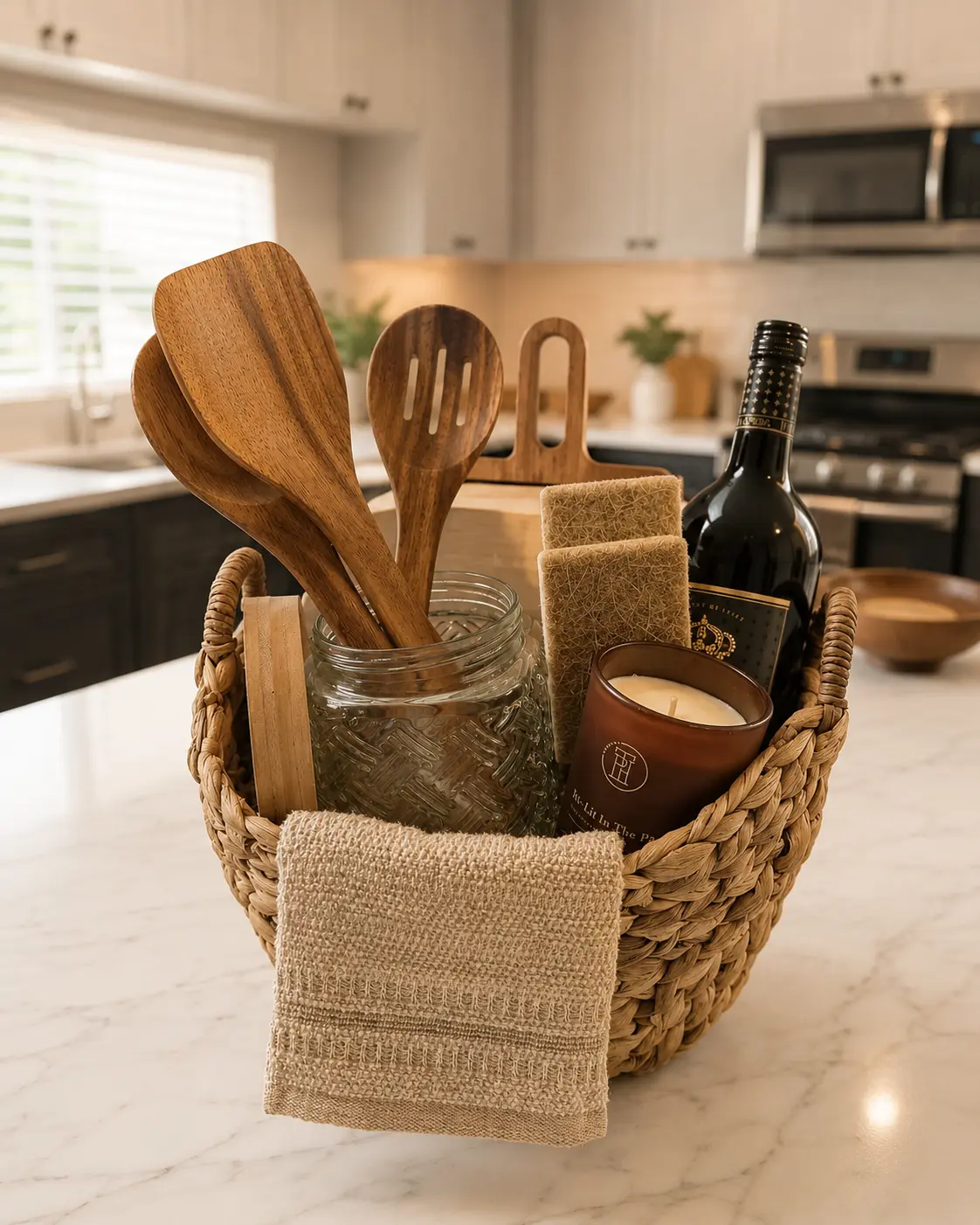 Housewarming basket with wooden kitchen utensils, candle, towel, and wine