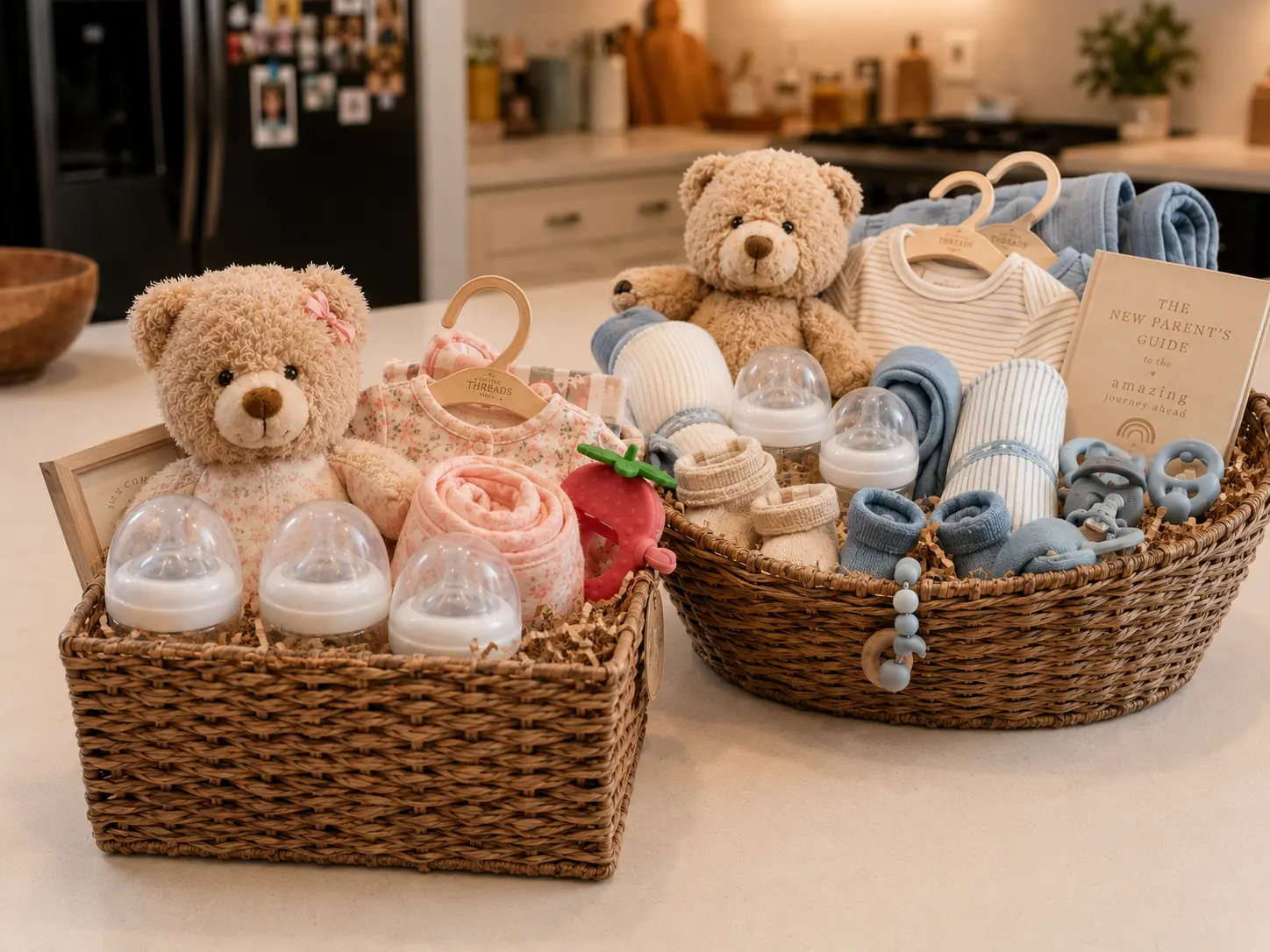 Two new-baby baskets with teddy bears, blankets, bottles, clothing, and baby essentials