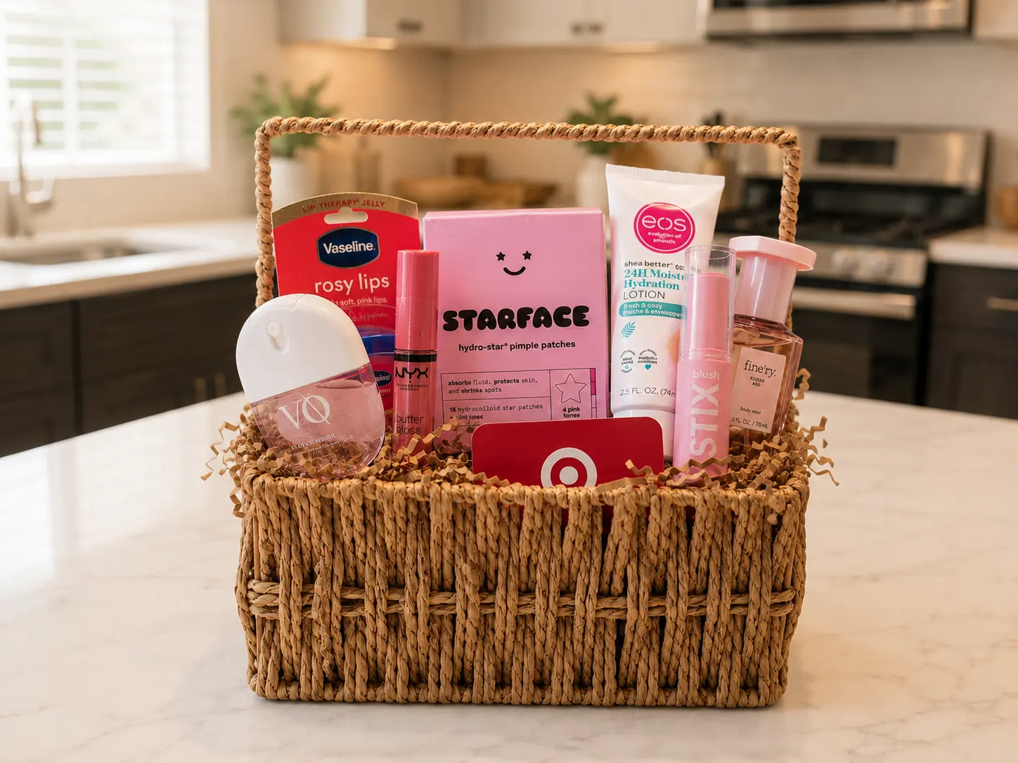 Pink self-care basket with skincare, beauty, and body-care items