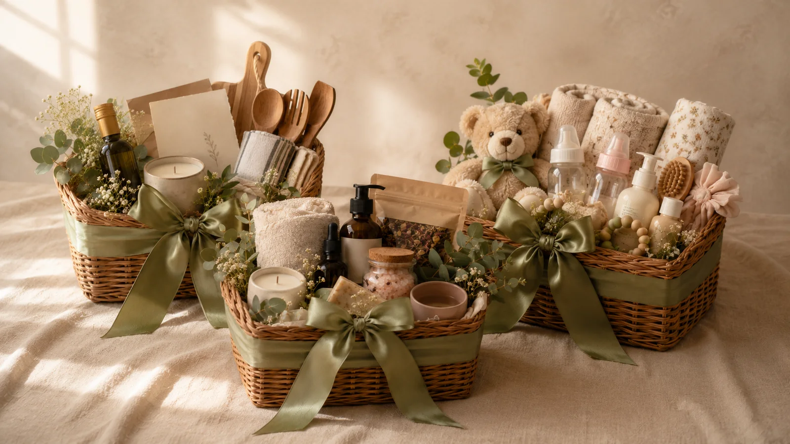 A coordinated collection of housewarming, self-care, and new-baby gift basket styling